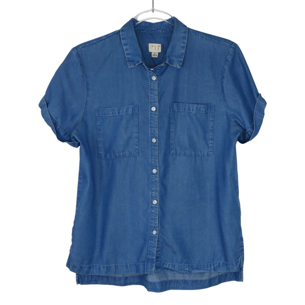 A New Day Chambray Button Down Blouse Small Retro Casual Short Sleeve Jean Shirt - Picture 2 of 6